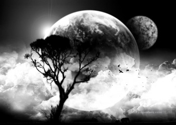 monochrome black white Painting - black and white clouds moon tree